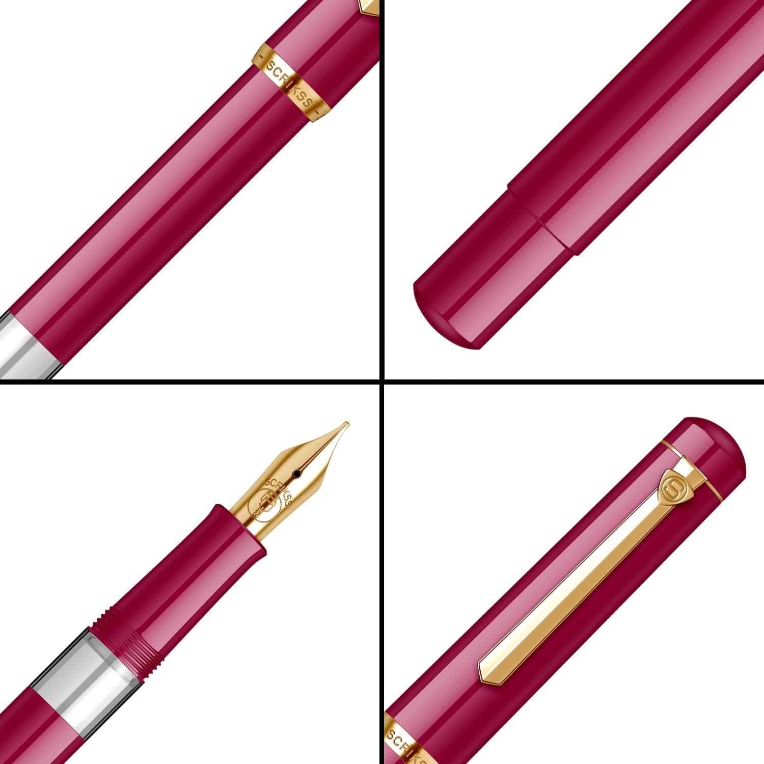 Scrikss 419 Fountain Pen, Classic Piston-Fill Design, 23K Gold-Plated Trim, Stainless Steel Nib, Ink Window, Luxury Box (Dark Pink) - Image 3