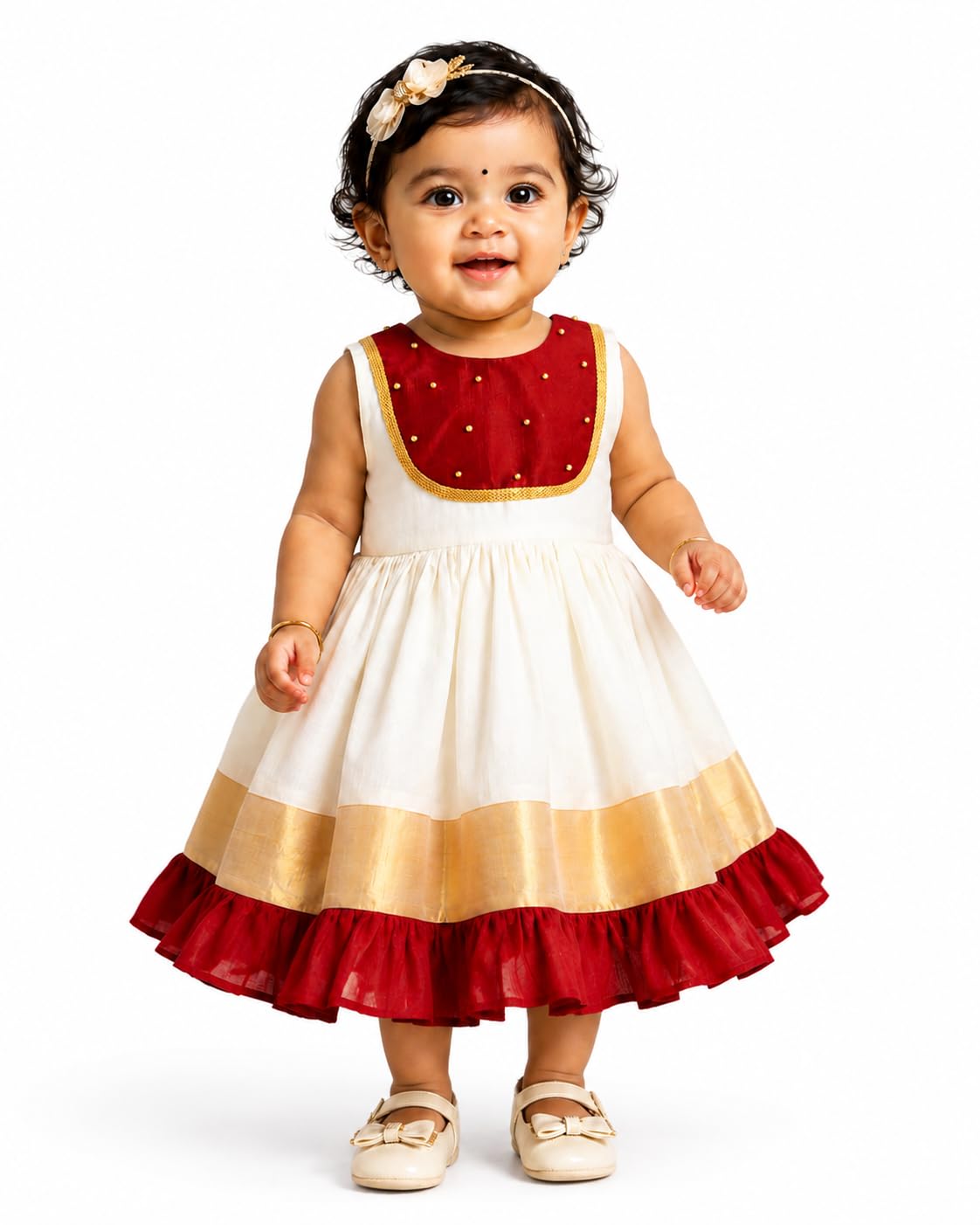 Traditional Kerala Frock for Baby Girls – Cream & Pink Embroidered Sleeveless Ethnic Dress, Knee-Length Birthday Outfi-image-28