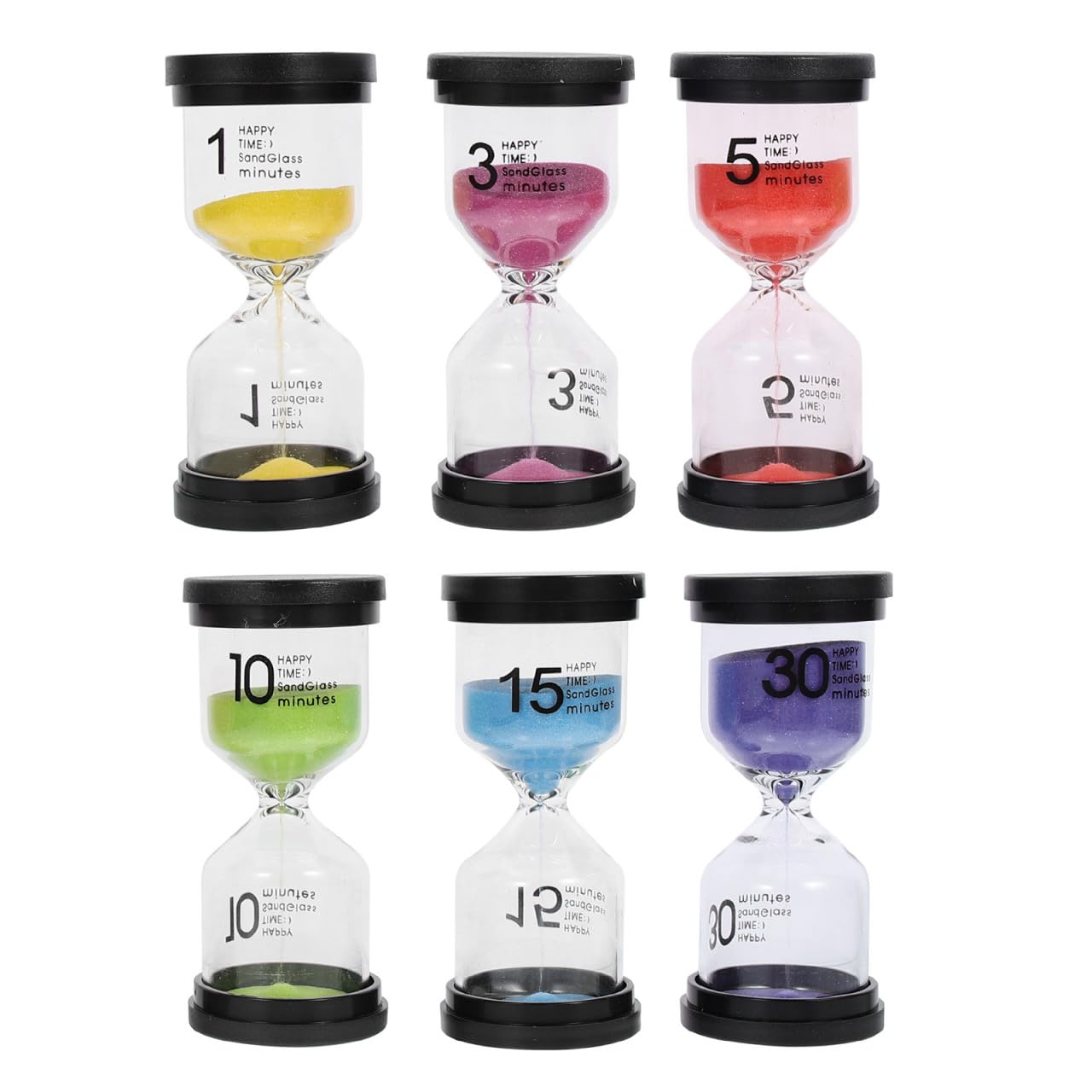 6 Piezas Reloj de Arena Temporizador de Arena, Plástico y Vidrio, Diseño Clásico, Negro, Cepillado de Dientes y Decoración de Dormitorio