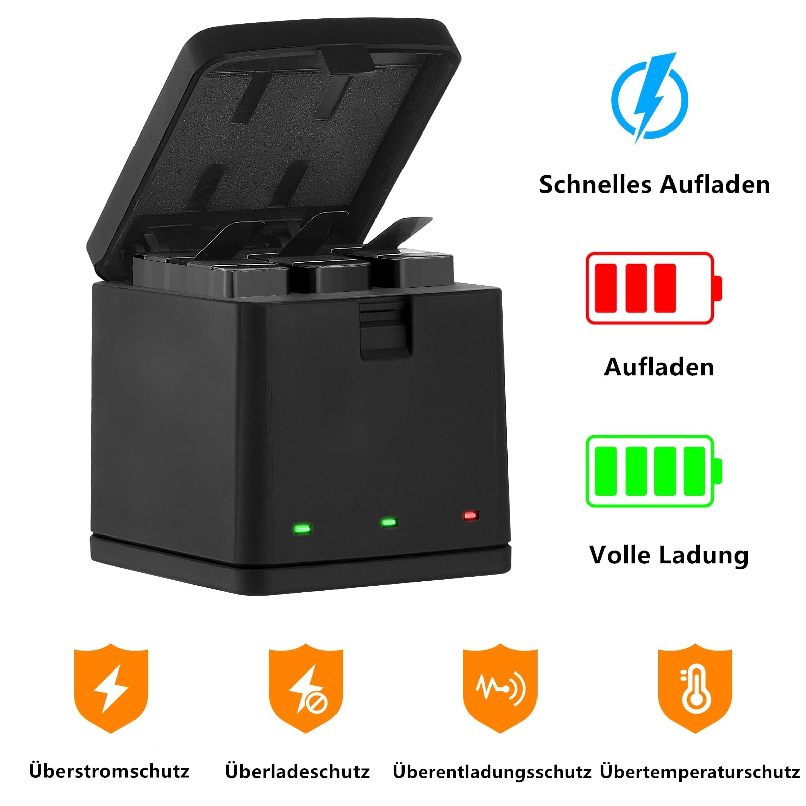 Vemico Hero 8 Akku Ladegerät Kit 3 Pack 1500 mAh ErsatzAkku 3 Kanal Ladebox Typ-C USB Mit Einem Schutzdeckel Ladegerät für Hero 8/Hero 7/Hero 6/Hero 5/AHDBT-801 (Vollkompatibel mit Orginal)