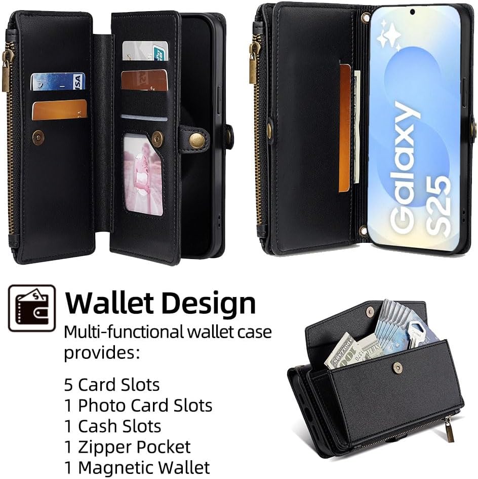 Leedia Crossbody Wallet Case for Galaxy S25 for Women, PU Leather Flip Case with [RFID Blocking] Card Holder, Zipper Handbag Magnetic Snap Wrist Strap for Samsung Galaxy S25 6.2" Black - Image 2