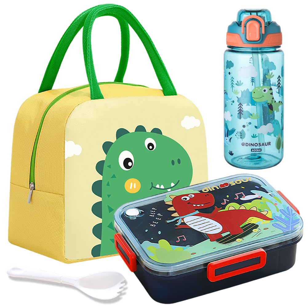 Spiritzohic Dinosaur Lunch Box, Dinosaur Bento Box Set with Water Bottle, Lunchs Bag Utensils Leakproof Lunch Containers Lunchbox Drinking Bottle Portability Snack Boxes for School,Picnic Animal