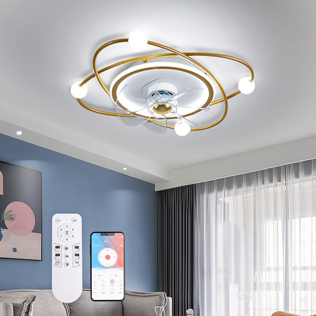 Ventiladores de techo Modernos, 55 cm Ventilador de Techo con luz, 48W Ventiladores de Techo con Luz y Mando, Estar Dormitorio Comedor Lampara Ventilador techo(Oro)