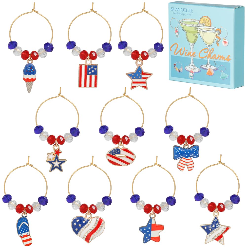 SUNNYCLUE 1 Box 10Pcs Wine Glass Identifiers Wine Glass Charm Gold Wine Markers Charms US Flag American Flags Wine Identifiers Drink Marker Tags for Gathering Wedding Party Favor Drinks Decor Supplies