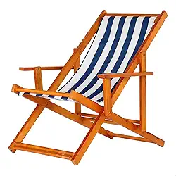 Espreguiçadeira em Madeira Maciça para Piscina, Praia – Com Braço, Dobrável, Acabamento Envernizado (Listrado Azul e Branco)