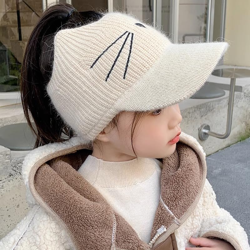 Toddlers Knit Beanie Hat for Baby Girl Winter-Warm Elastic Sports Empty-Top Ponytail Visor Cap for Tennis Running2