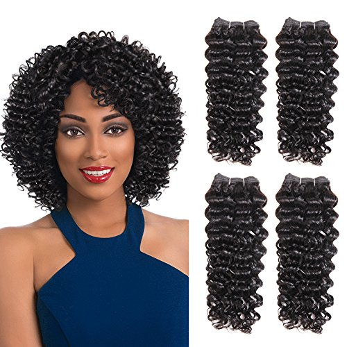 SLEEK 4 Bundles of Short Jerry Curl Weave Human Hair (8"/8"/10"/10", NATURAL BLACK) - Sew in Hair Extensions for Black Women - Weft Hair Extensions Human Hair - Brazilian Weave Bundles Curly Weave