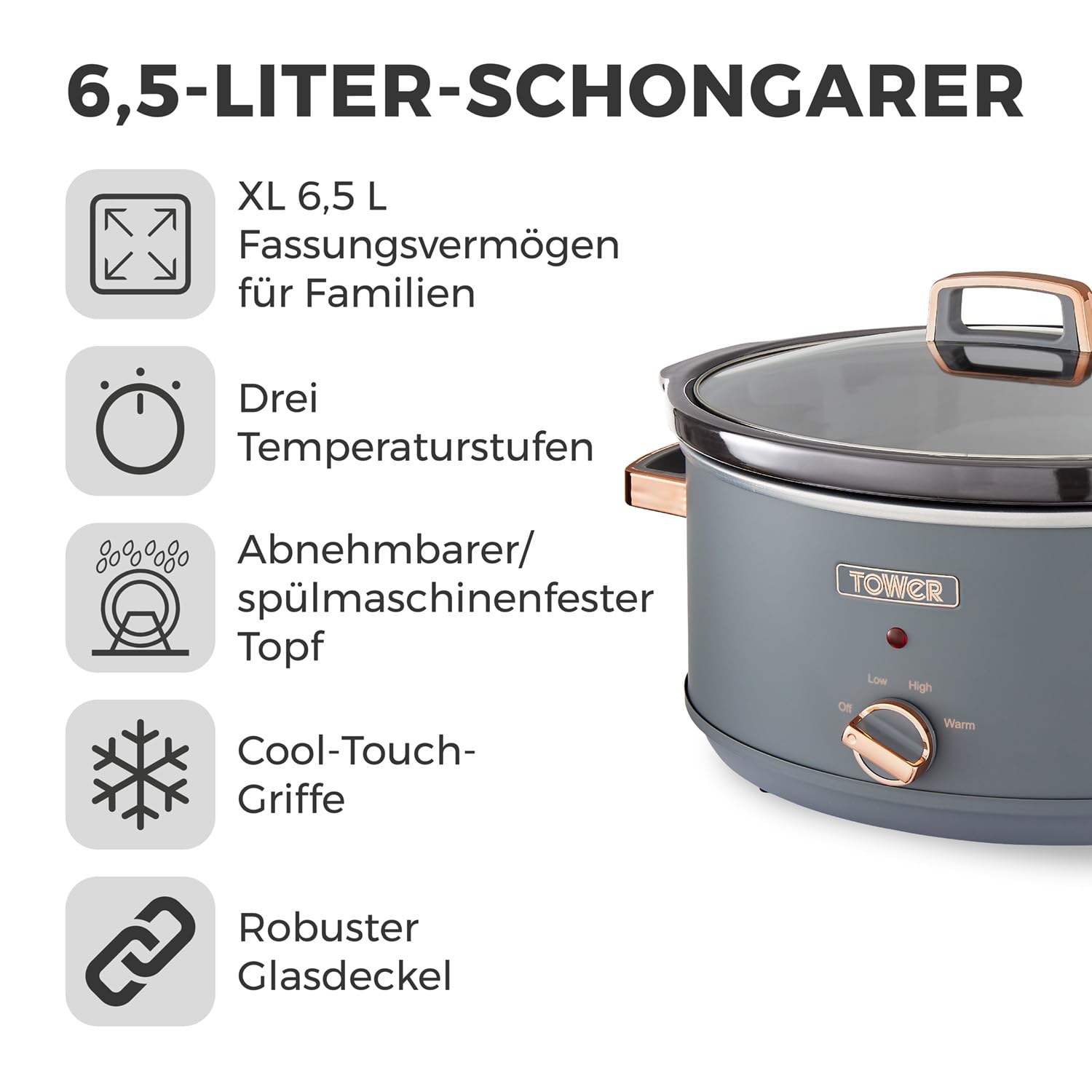 Tower T16043GRY Cavaletto 6,5 Liter Schongarer mit 3 Wärmestufen, Cool Touch Griffe, Grau und Roségold