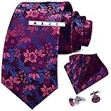 GUSLESON Fashion Floral Ties for Wedding Mens Silk Tie Cyan Necktie Clip and Pocket Square Cufflinks Sets (6102-23)