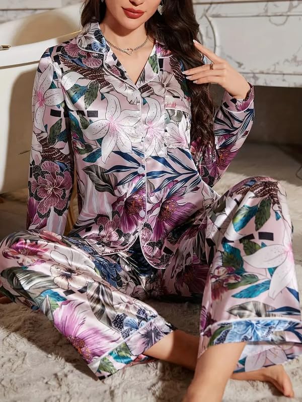 Image of PABROS Night Suit for Women with Full Sleeve Button-Down Top with Pant Dress for Woman, Night Dress for Woman, Cotton Two-Piece Loungewear Set