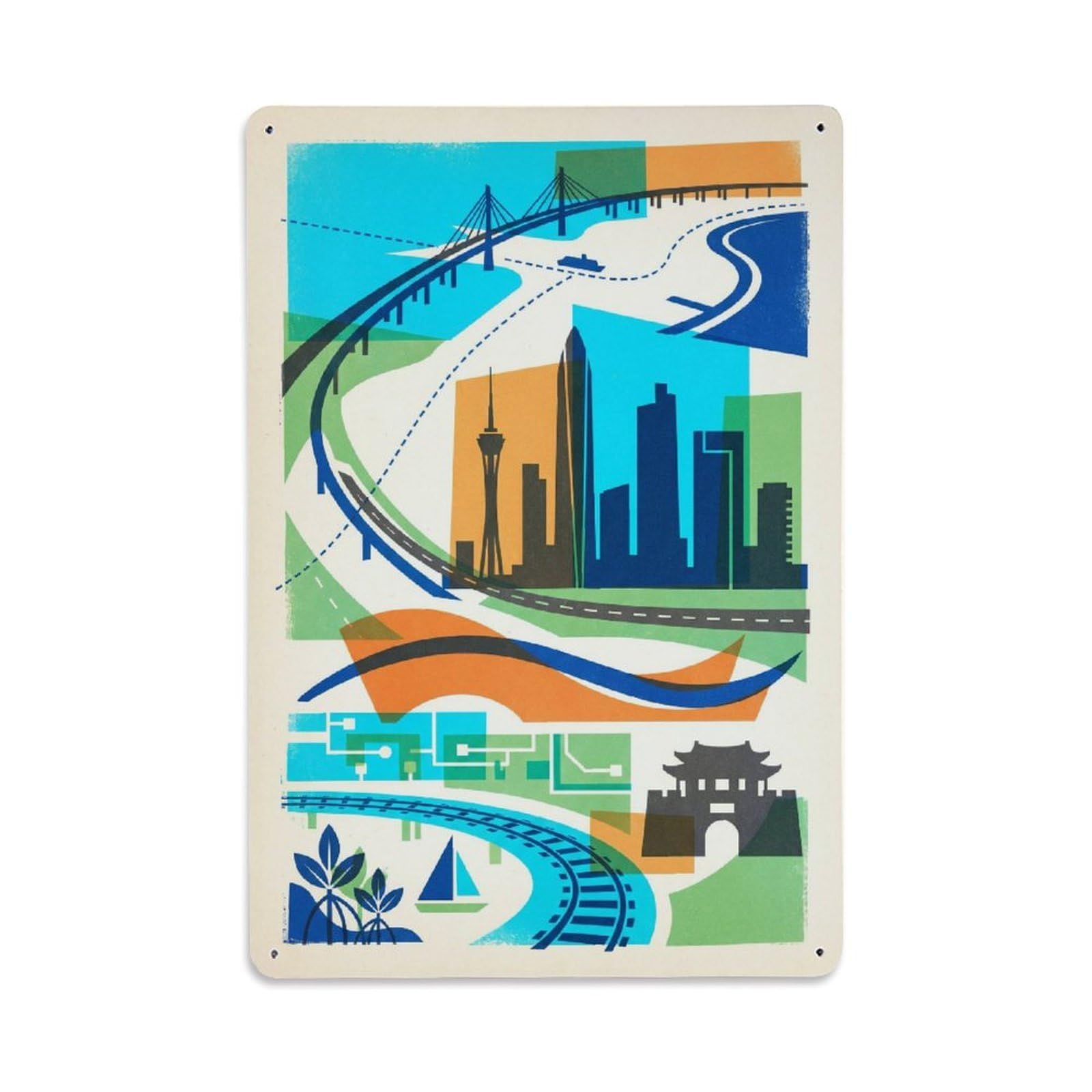 Okngb Style Shenzhen Chinese Urban Heritage Cityscape Collage Retro Metal Tin Sign Plaque Wall Decor For Cafe, Man Cave, Club Bar, Office, Home Garden Round Metal Poster 8X12inch