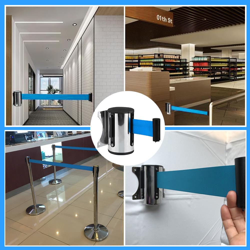 5M Cinturón Barrera Retráctil para Montaje en Pared Queue Barrier Seguridad Barrera Cinturón Queue Barrier Acero Inoxidable Cinturón de Seguro para Crowd Control Azul
