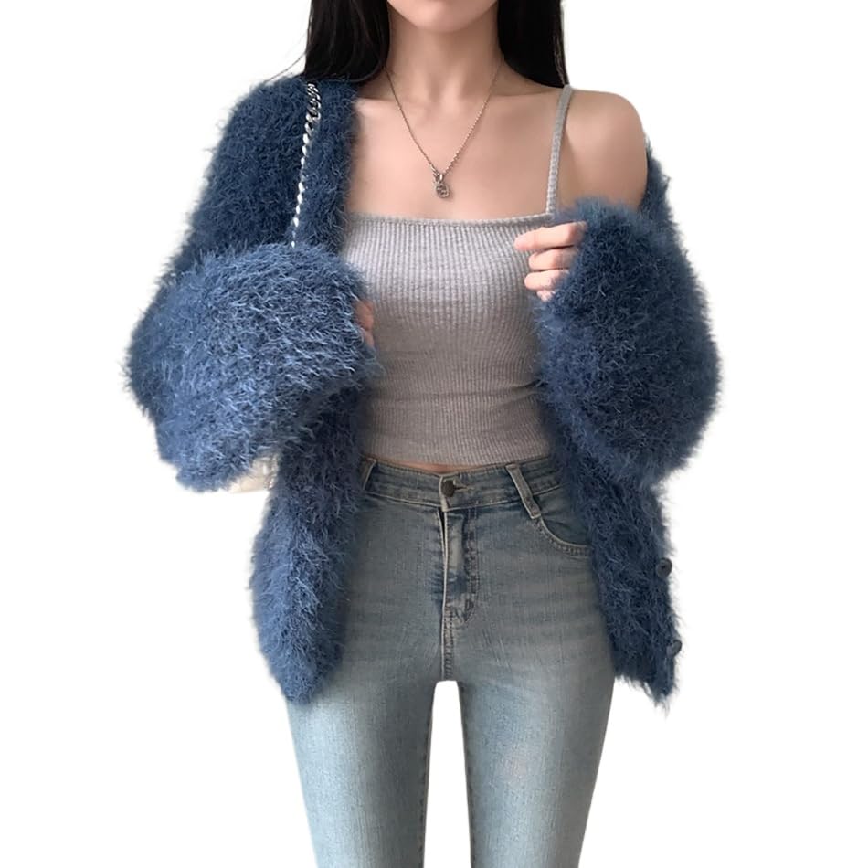 Image of Mohair Cardigan for Women - Fuzzy Open Front Oversized Faux Fur Coquette Sweater