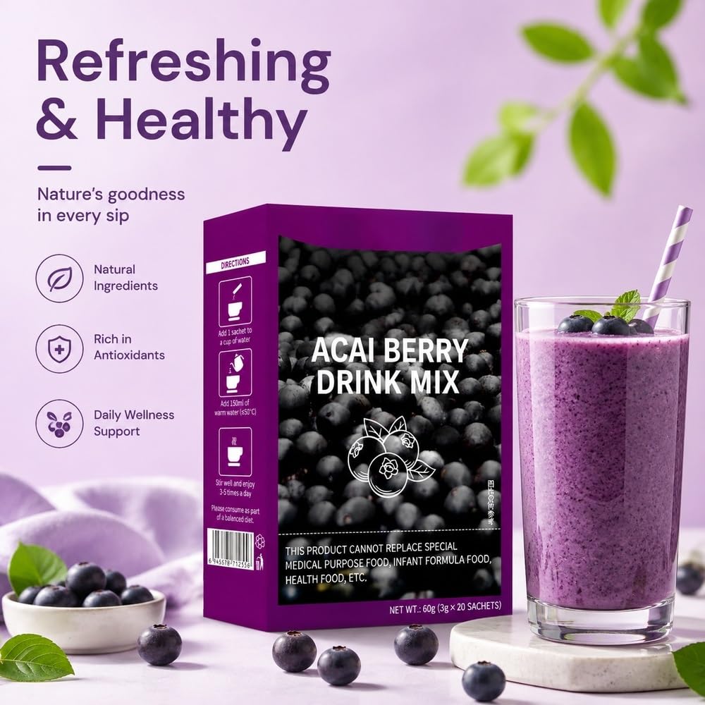 Polvere di bacche di Acai, 20 bustine, 60 g | Acai liofilizzato, senza zuccheri aggiunti, si dissolve facilmente(5boxes)