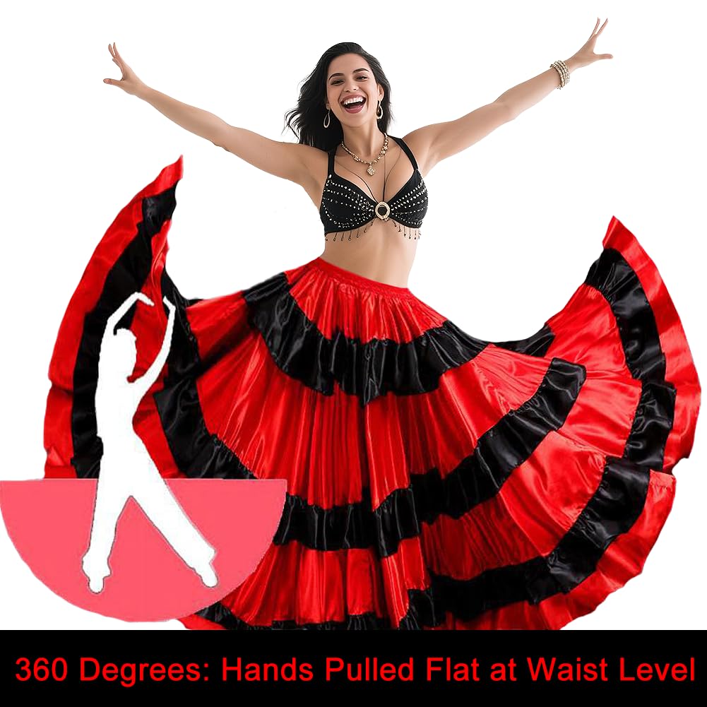 Rivoxi Womens 360 Degree Spanish Bull Dance Long Skirt Belly Dance Flowy Skirt Big Swing Flamenco Costume (Black-red)