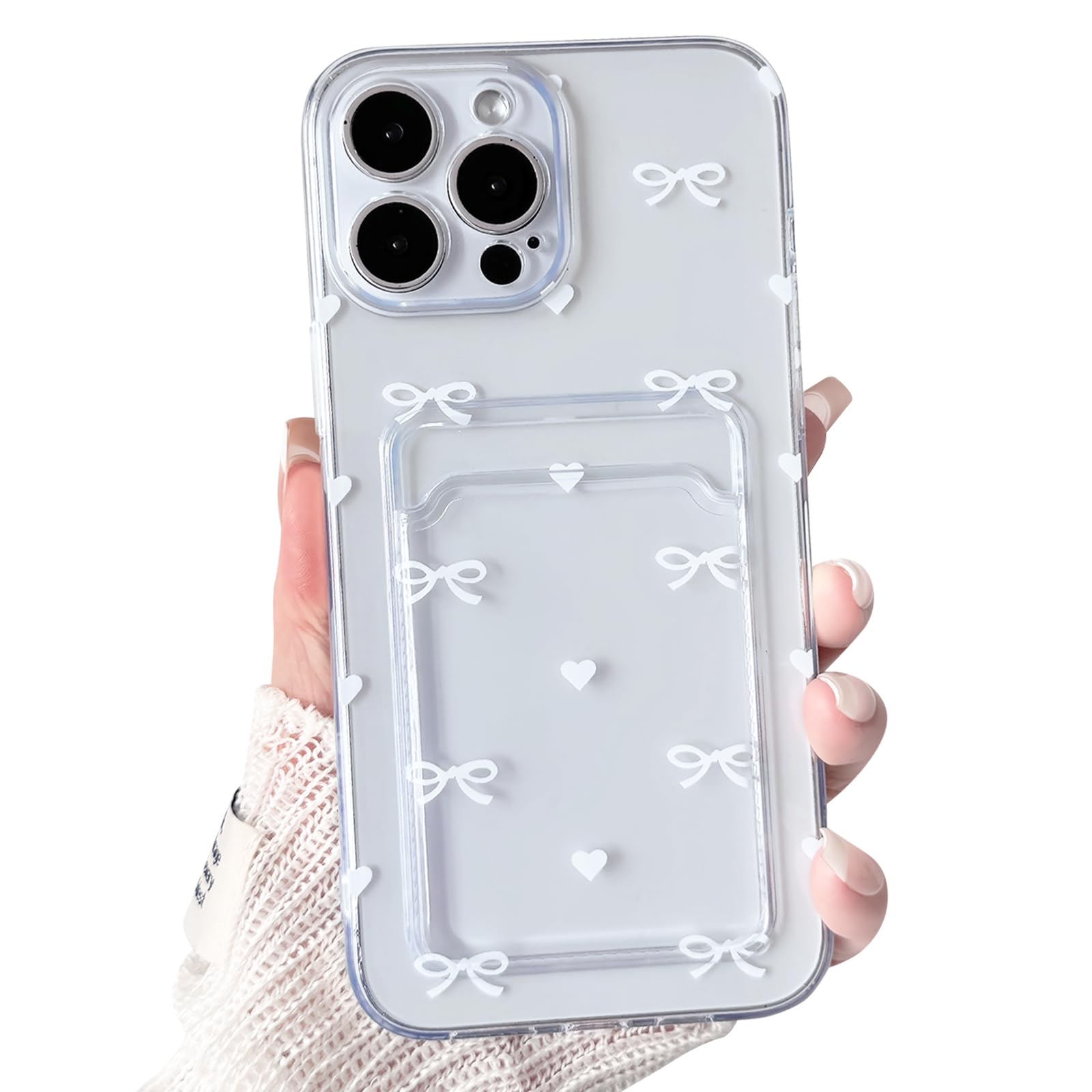 NITITOP Compatible with iPhone 13 Pro Max Case Clear with Card Holder Cute Bow Knot Love Heart Design for Women Girls Soft TPU Shockproof Wallet Case