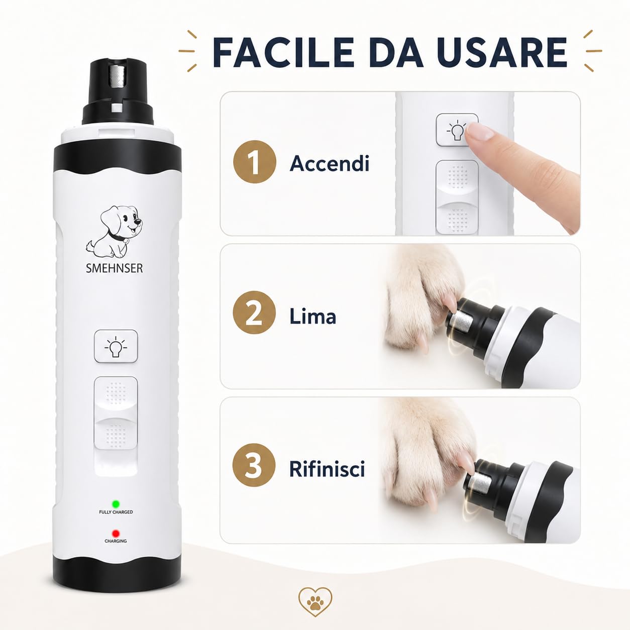 Hiwoof Smooth Groom Lima per Unghie Cane Elettrica Silenziosa con Luce LED per Cani Piccoli Medi Grandi E Gatti