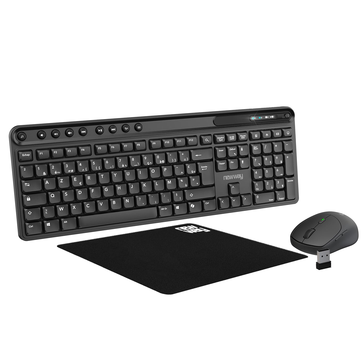NEWWAY NKMP252 Clavier Souris sans Fil 2.4 GHz AI Copilot – AZERTY Français – Frappe Silencieuse, 14 Touches Multimédias, Souris Légère 6 Boutons, Tapis de Souris Inclus, Longue Autonomie (Noir)