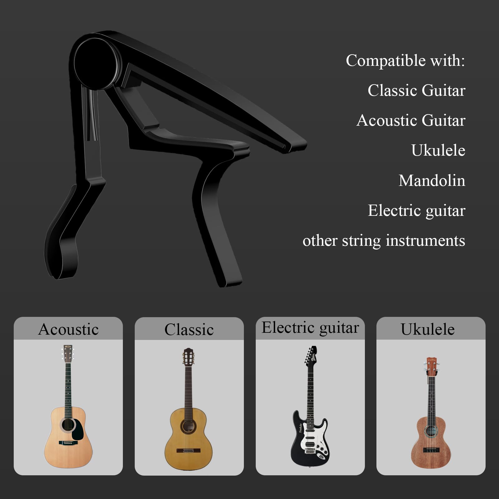 Guitar Capo for Acoustic Classical, Electric Guitars, Ukulele, Mandolin, Banjo, and other string musical instruments - Image 2