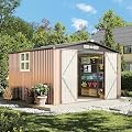 OneBlis 10x10FT Outdoor Storage Shed, Tool Shed with Sloping Roof and Lockable Door, Galvanized Metal Shed for Backyard Garden Patio Lawn, Brown