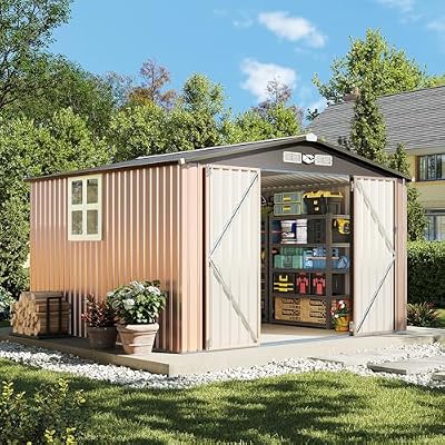 OneBlis 10x10FT Outdoor Storage Shed, Tool Shed with Sloping Roof and Lockable Door, Galvanized Metal Shed for Backyard Garden Patio Lawn, Brown