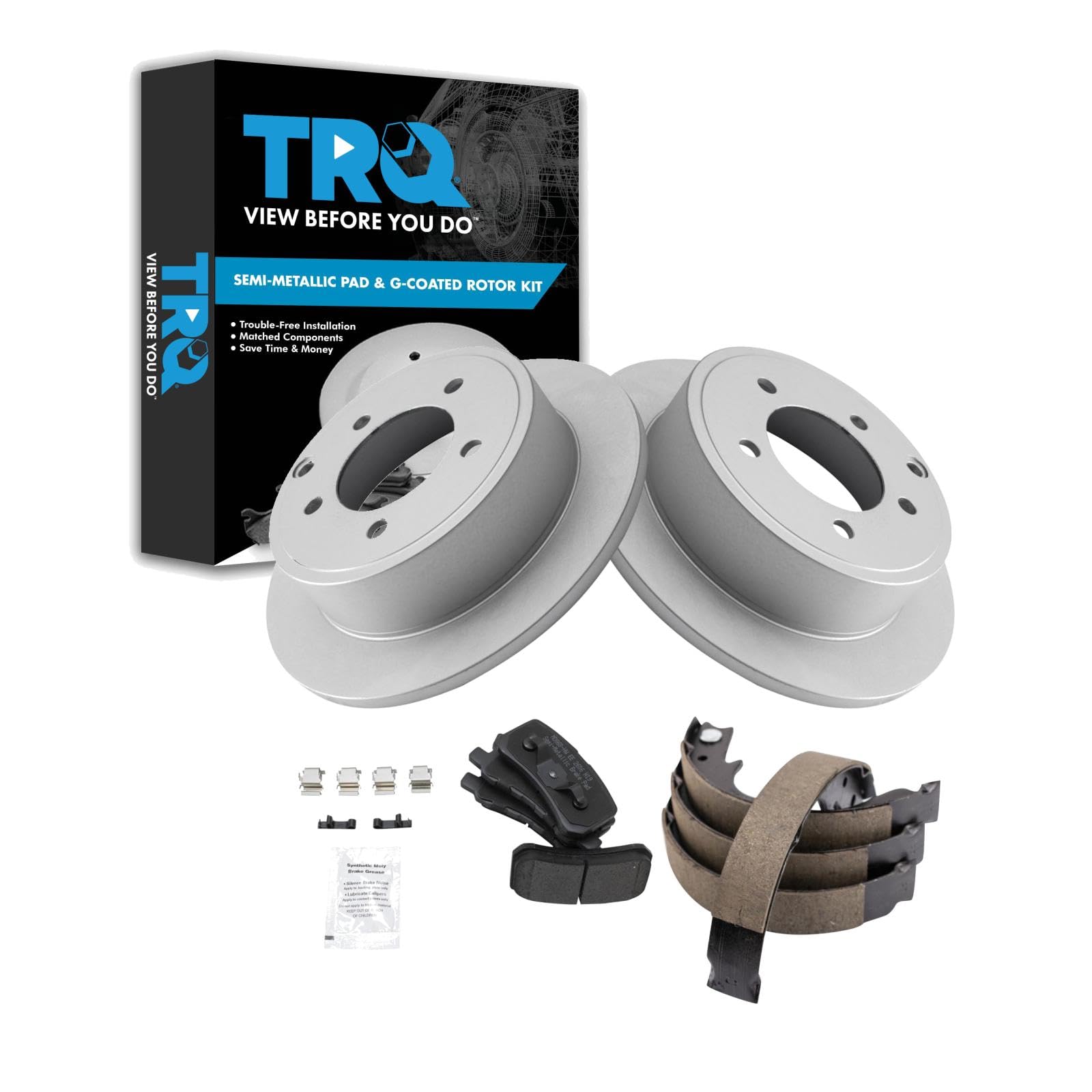 TRQ Rear Brake Pad and Rotor Set Semi Metallic Coated Rotors Parking Shoe Compatible with 2009-2014 Mitsubishi Lancer