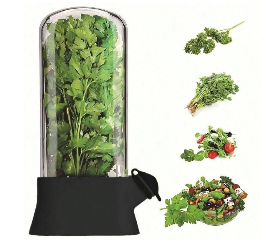 Image of Saiyam Fresh Herb Storage Container with Peeler, Clear Container with Black Base, 25 cm Height, Water Reservoir System