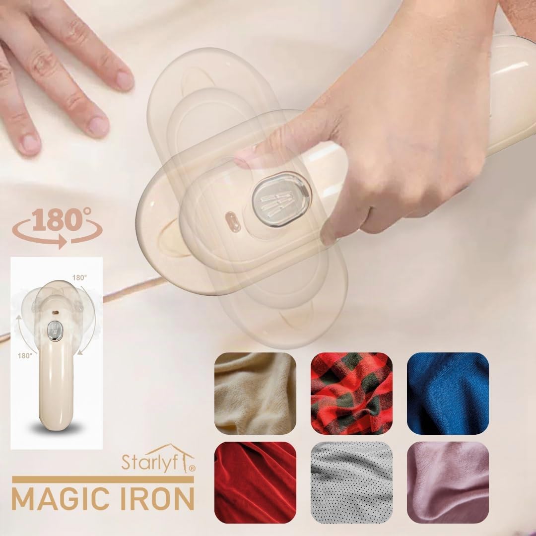 STARLYF Magic Iron Vaporisateur pour vêtements à main, chauffage rapide 20 s, réservoir 100 ml, double fonction sec et humide, poignée rotative à 90°, plaque triangulaire, design compact, idéal pour