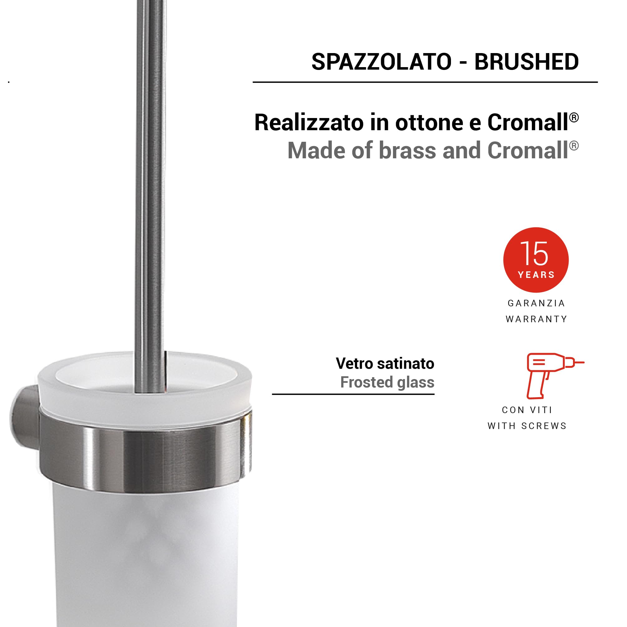Gedy Pirenei Escobillero Pared Latón Cristal Satinado Cepillado | L8,4 x P10,4 x H37 cm | Latón/Cristal/Nylon | Pared tornillos+tacos | Cepillado
