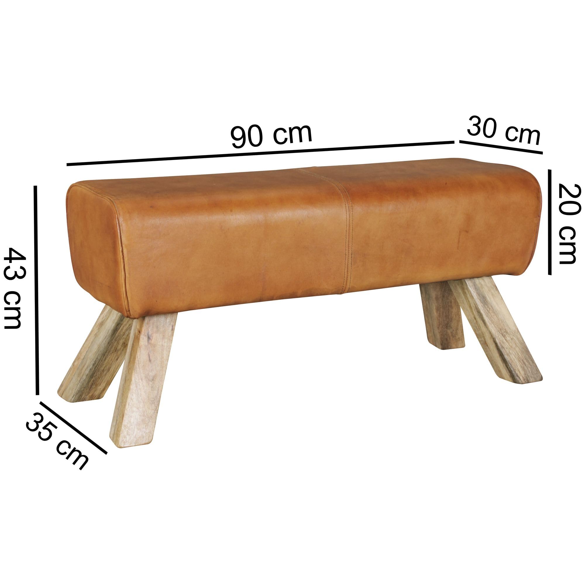 FineBuy Banc Bois Massif Cuir Rembourré 90 x 43 x 30 cm Style Rétro | Banquette de Lit Véritable Cuir Brun Couloir