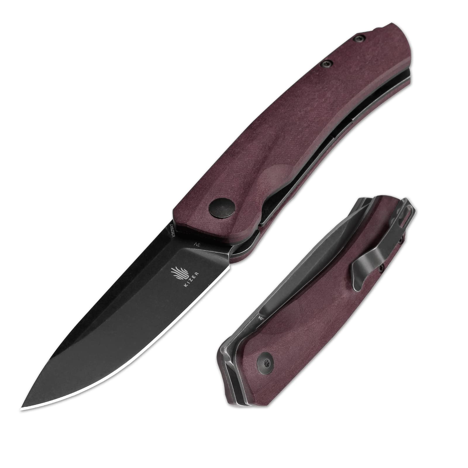 Kizer Agressor Pocket Knife, 2.99 Inches Black 3V Steel Blade Folding Knife, Richlite Handle EDC Knife for Men Women Camping Hunting Fishing V3629A1