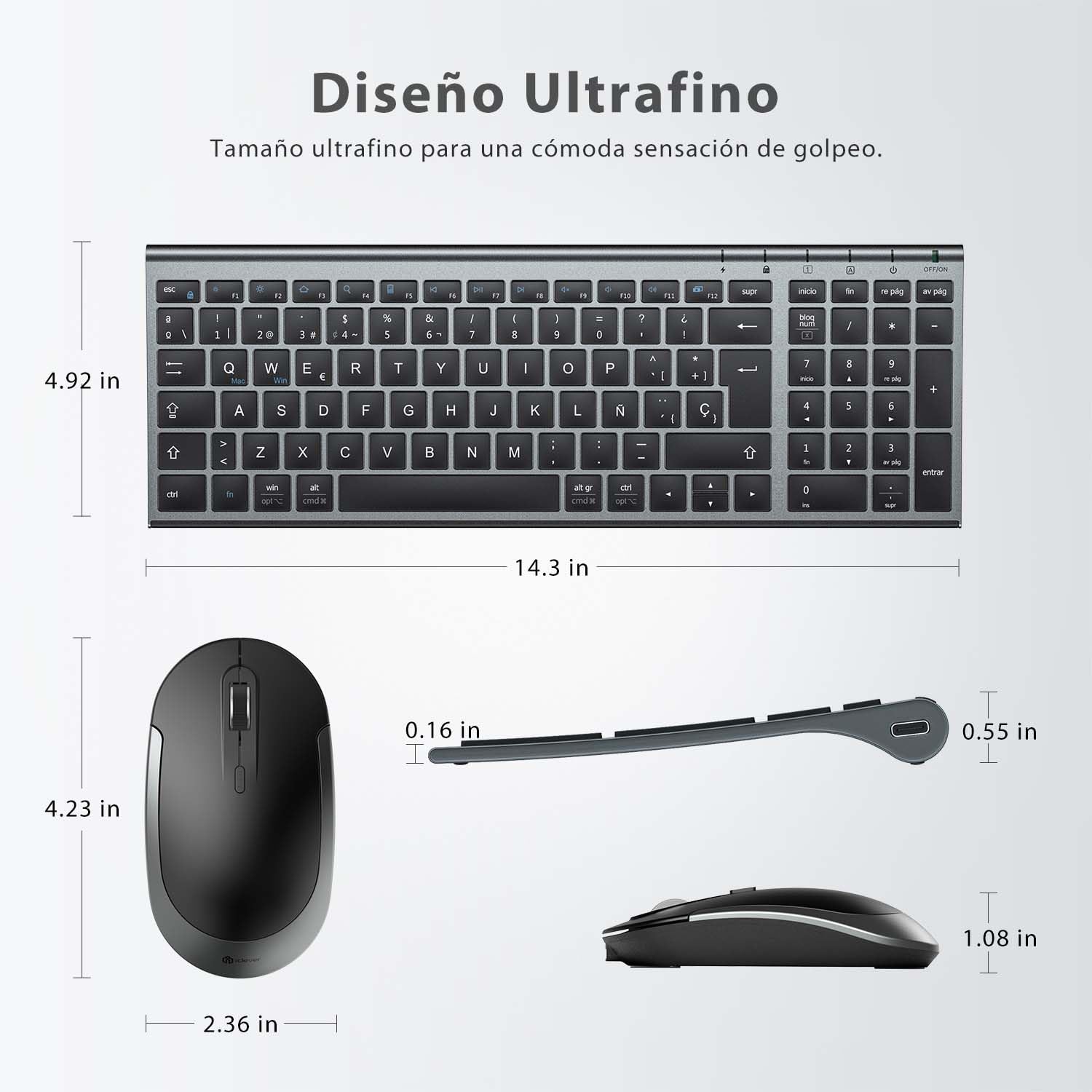 iClever GK03 - Combo de Teclado y Ratón Inalámbricos: QWERTY Español, Conectividad Silenciosa 2.4G, Recargable por USB-C, Diseño Compacto y Delgado - Ideal para iMac/PC/Portátil, Escritura Cómoda