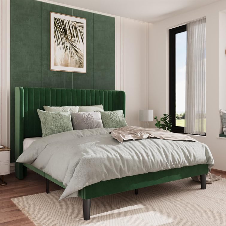 HITHOS Solid Wood Modern Upholstered Queen Size Bed with Wingback Headboard | Wooden Double Bed Cot Palang Furture Without Storage (Green) -1 Year Warranty