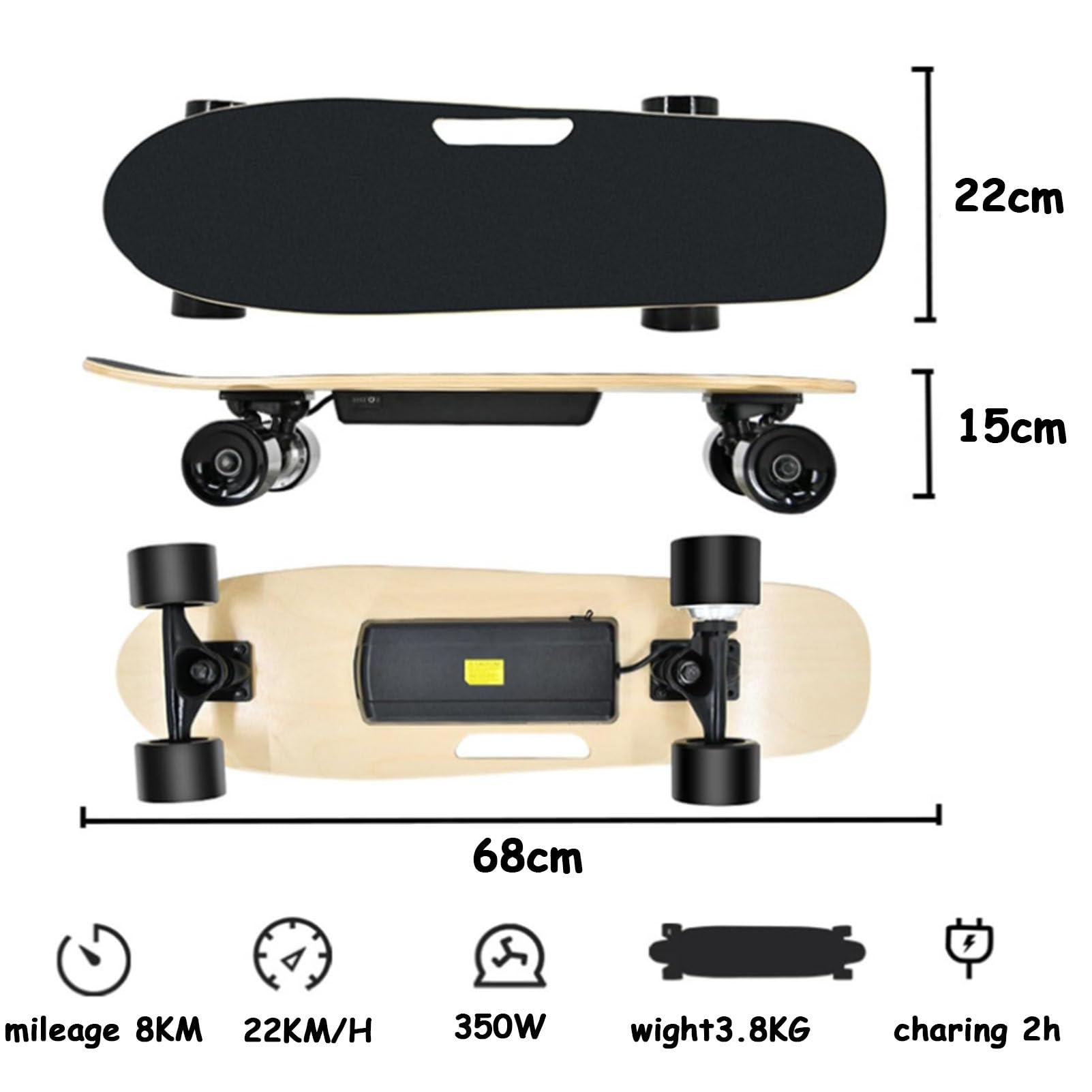 Planche à roulettes électrique Longboard avec une vitesse maximale de 22 km/h, moteurs de 350 W, pour adultes et débutants, charge maximale de 150 kg, avec une autonomie de 13 km pour les trajets