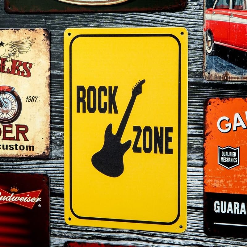 Image of Eazywagon Decorative Retro Metal Signs Wall Plate - 12x8 Inch (Rock Zone Guitar) | Weatherproof Vintage Metal Sign Plate for Cafe, Home, Bar, Garage | Decorative Wall Hanging Sign Board