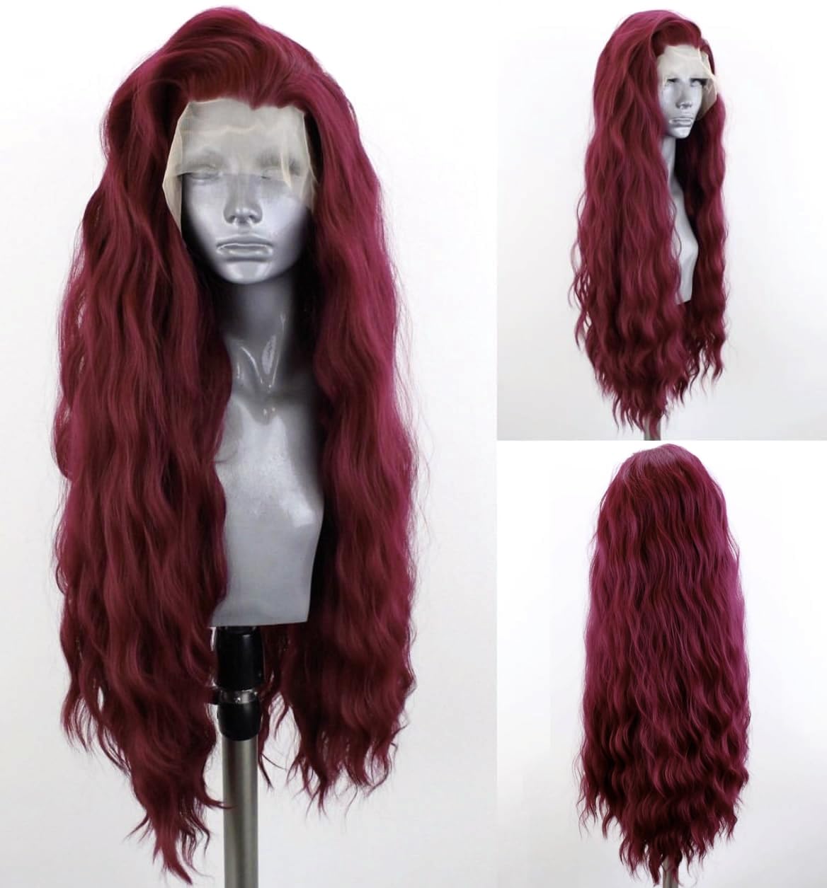 PORSMEER 13x4 Lace Front Wigs for Women Realistic Looking Long Wavy Wig Synthetic Hair Lace Glueless Ladies Wig (Dark Red)