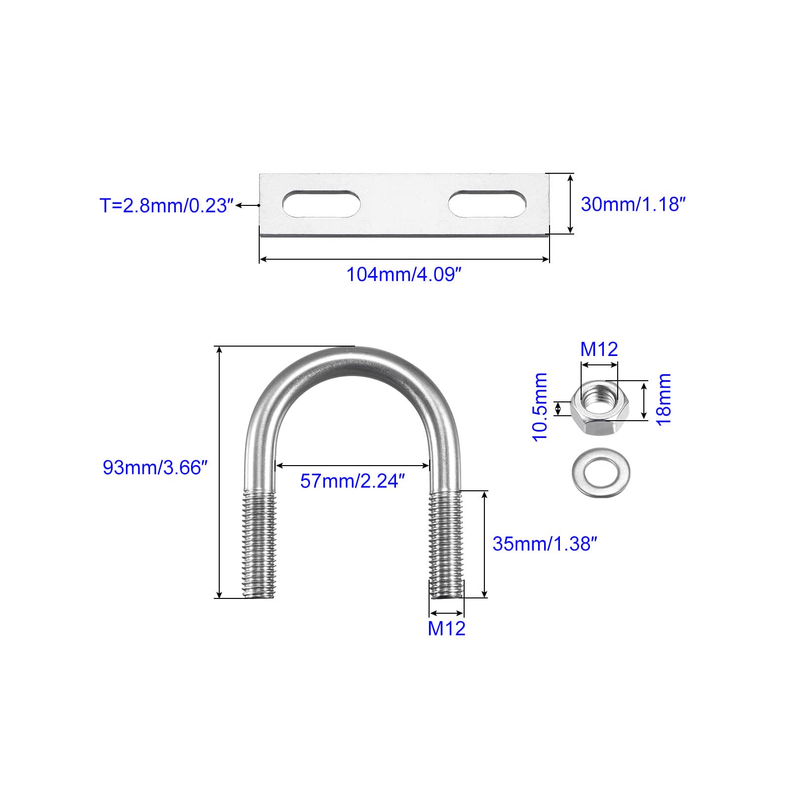 MACHSWON Round U-Bolt,1 Set 304 Stainless Steel M12 U Bolts 57mm(2.25") Inner Width 93mm Length with Nuts and Frame Plate for Automobiles Boat Trailer - Image 2
