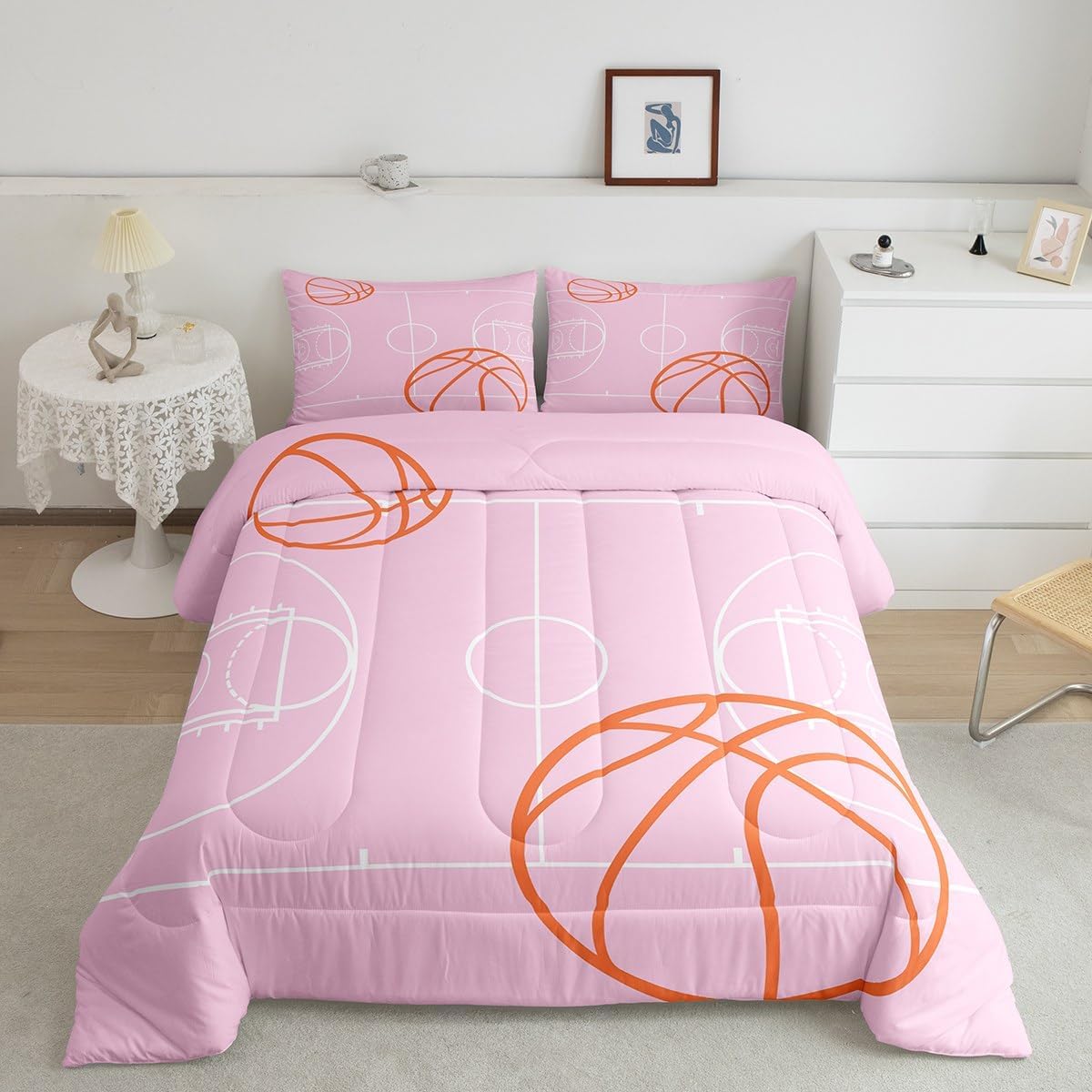 Feelyou Full Basketball Comforter Set Boys Girls Basketball Court Bedding Set for Kids Women Men Ultra Soft Pink Comforter Sport Quilt Set Room Decor