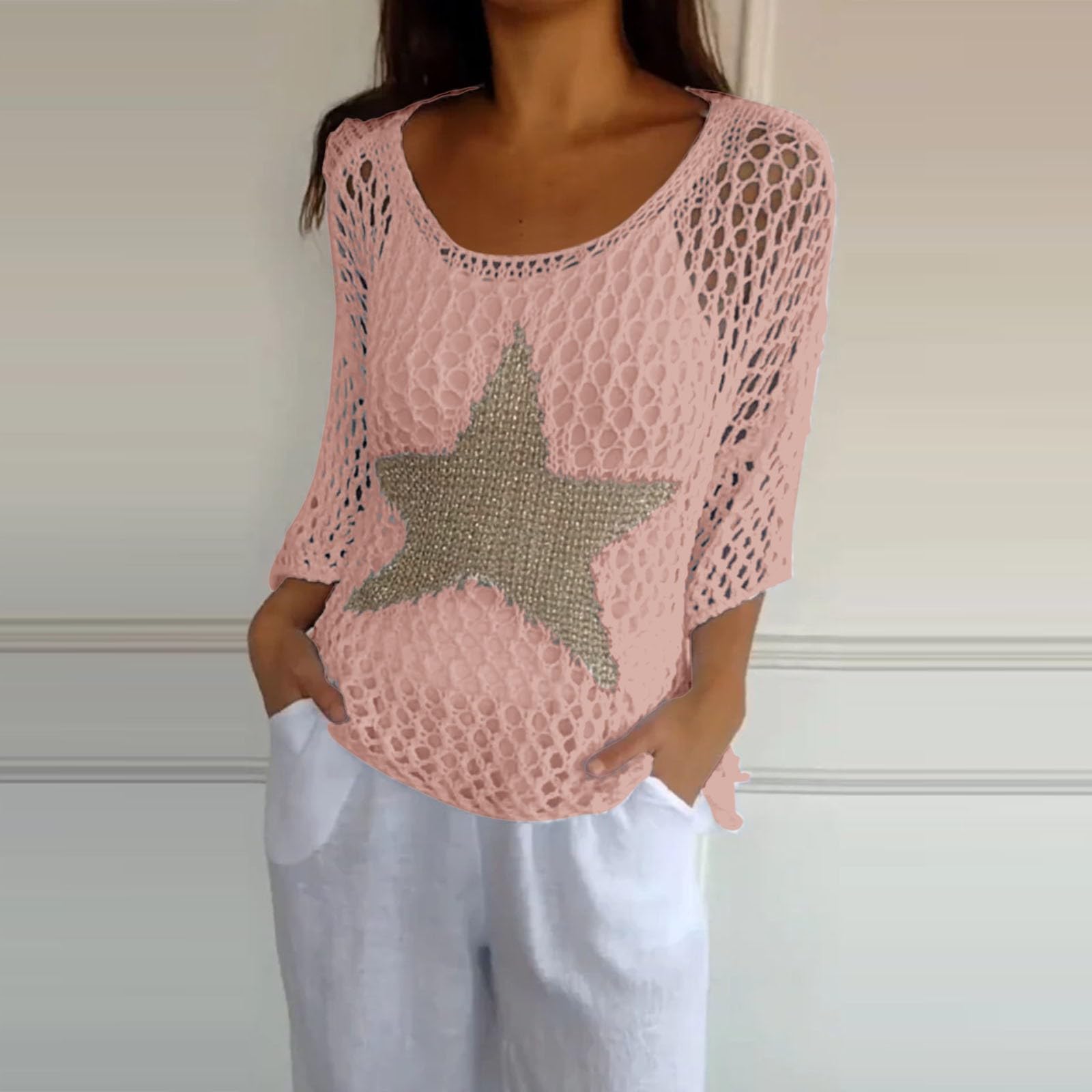 Vestido de Playa de Crochet para Mujer con Cuello en U Mangas 7/8 de Verano de Punto Caché Trajes de Baño Sarong Túnica de Playa Cover Up