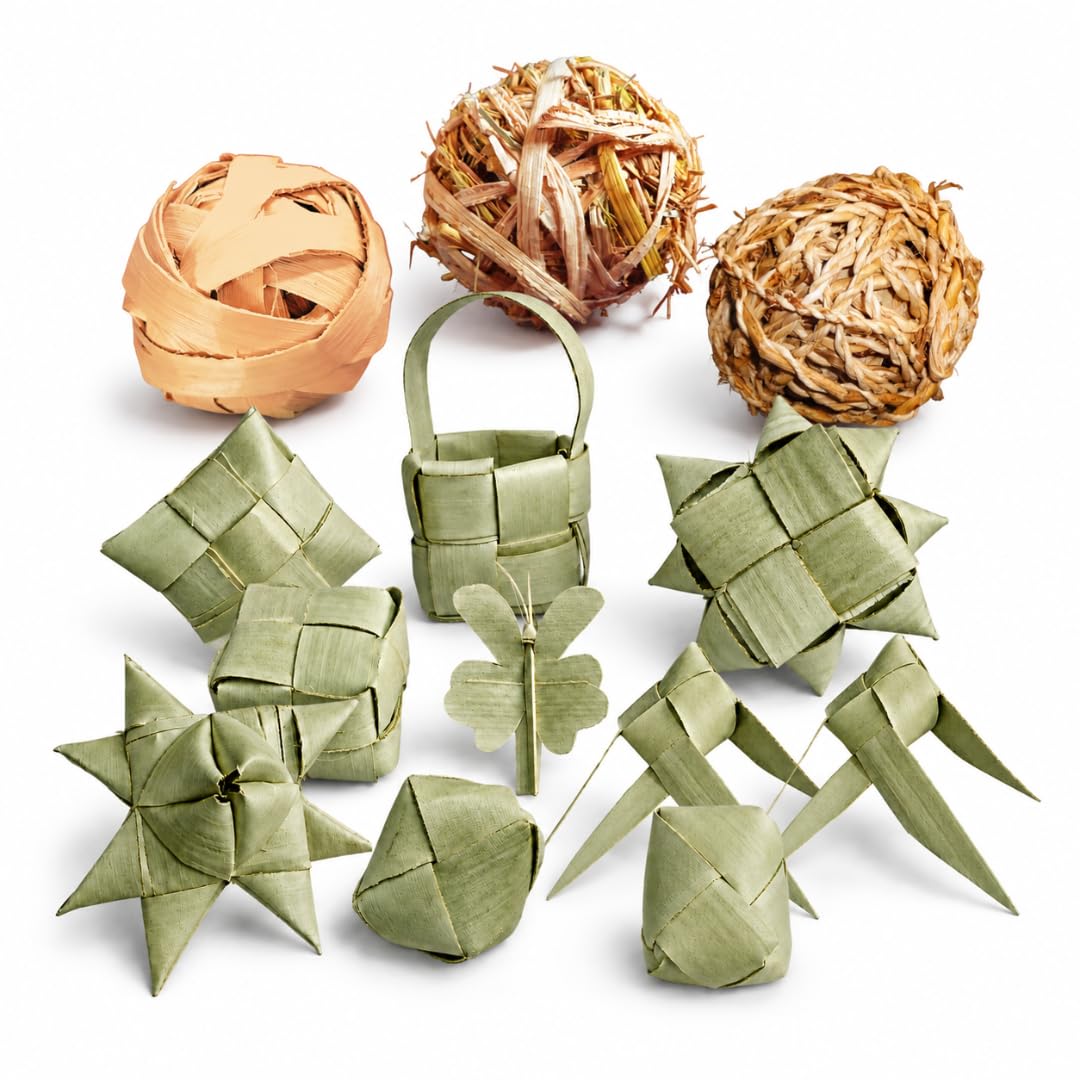 INR's Farm Fresh Combo Chew Toys Set of 10 Palm Leaf and Set of 3 Balls Made of Natural Banana Stem