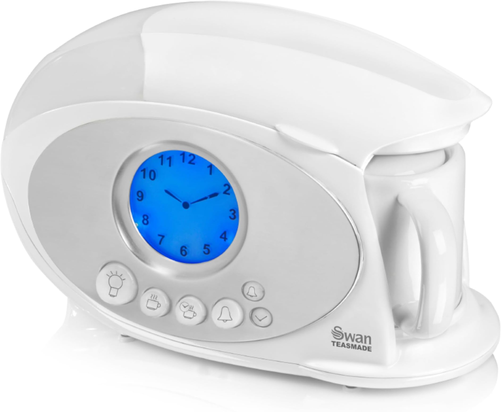 Swan STM200N Teasmade with LCD Analogue Clock Light, Rapid Boil and Alarm, 600ml, 850W, White