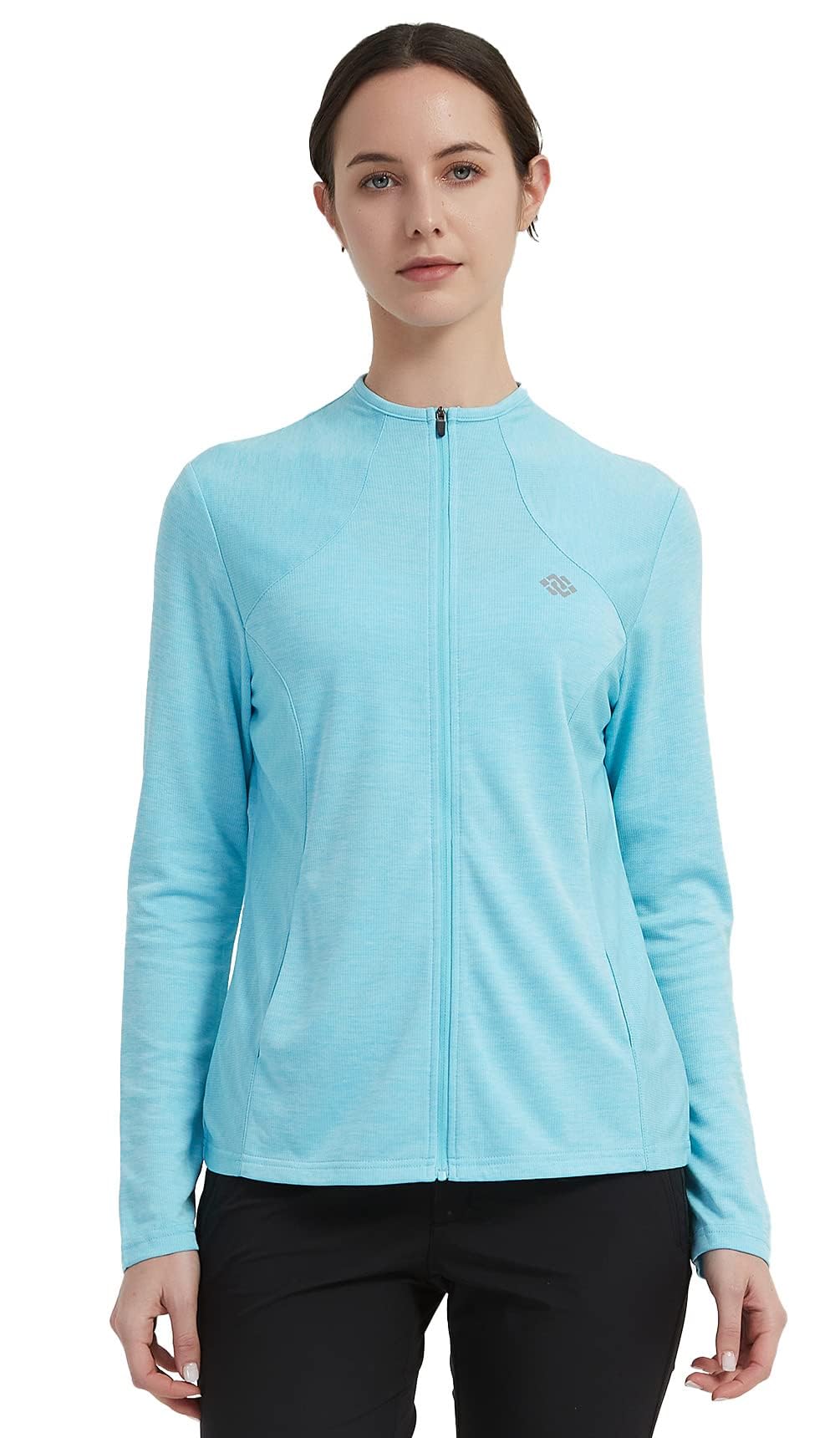 MoFiz Donna Giacca da Corsa Felpa Sportiva Leggera Manica Lunga Traspirante Top da Tuta Cerniera Integrale senza Cappuccio per Running Fitness Yoga Palestra con Tasche Blu Cielo 3XL