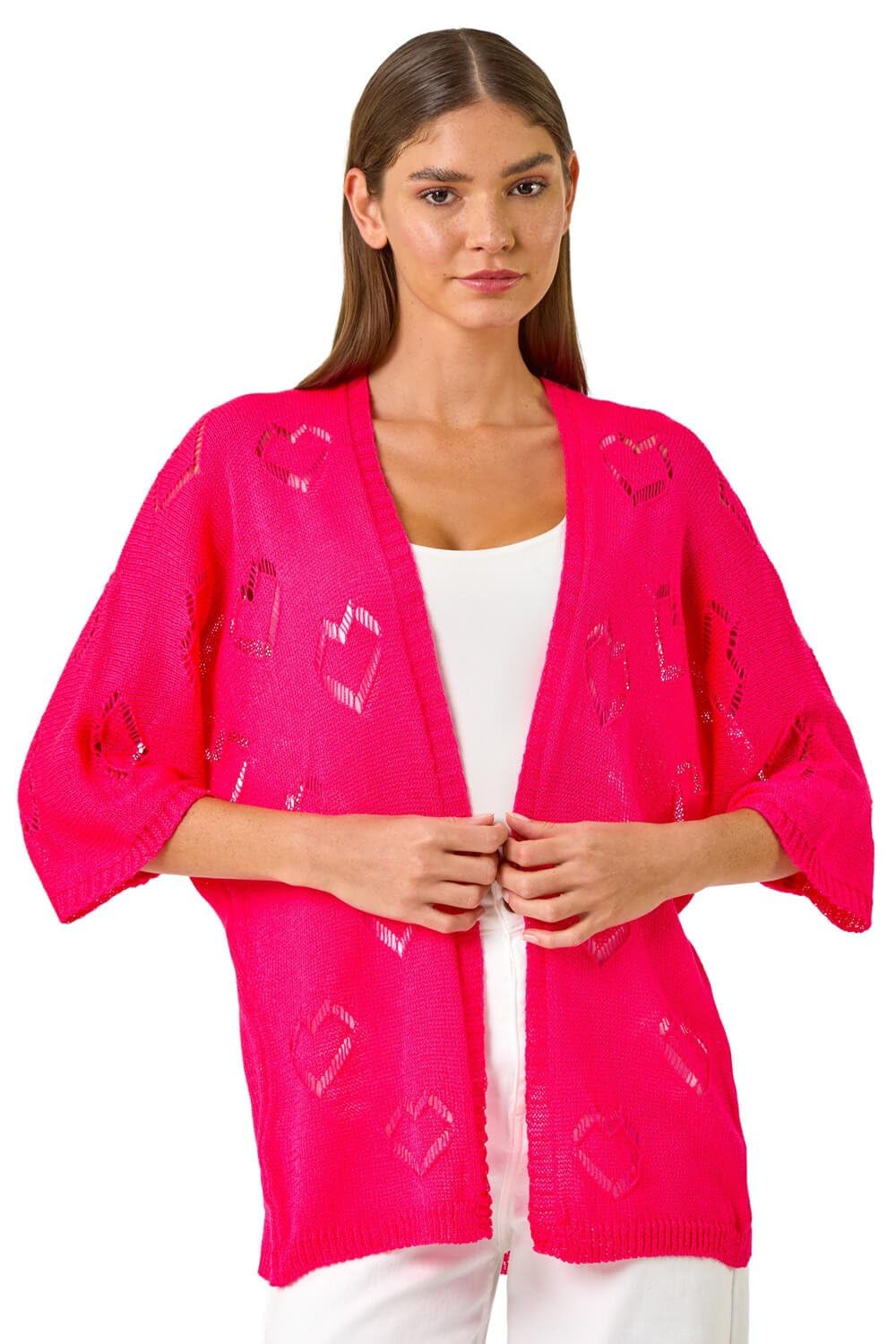Roman Originals Pointelle Heart Knit Cardigan for Women UK - Ladies Everyday Holiday Spring Summer Comfy Soft Evening Vacation Work Party - Pink - Size M
