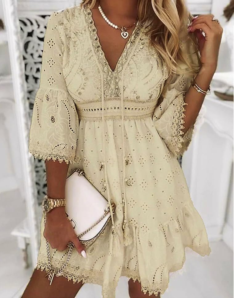 Akivide Women's Fringe Boho Floral Lace V Neck Flowy A Line Dresses Casual Loose Summer 3/4 Sleeve Eyelet Beach Dress2