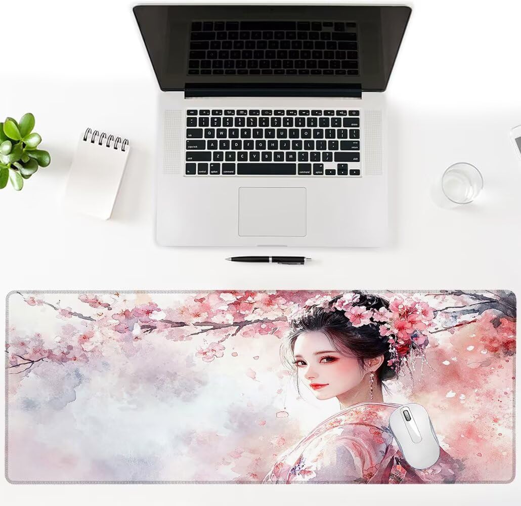 Podkładka pod mysz, duża, gamingowa podkładka pod mysz, XXL, Geisha, 600 x 1200 x 3 mm, podkładka na biurko, antypoślizgowa, gumowa podstawa, wodoodporna i trwała, podkładka pod klawiaturę, do gier