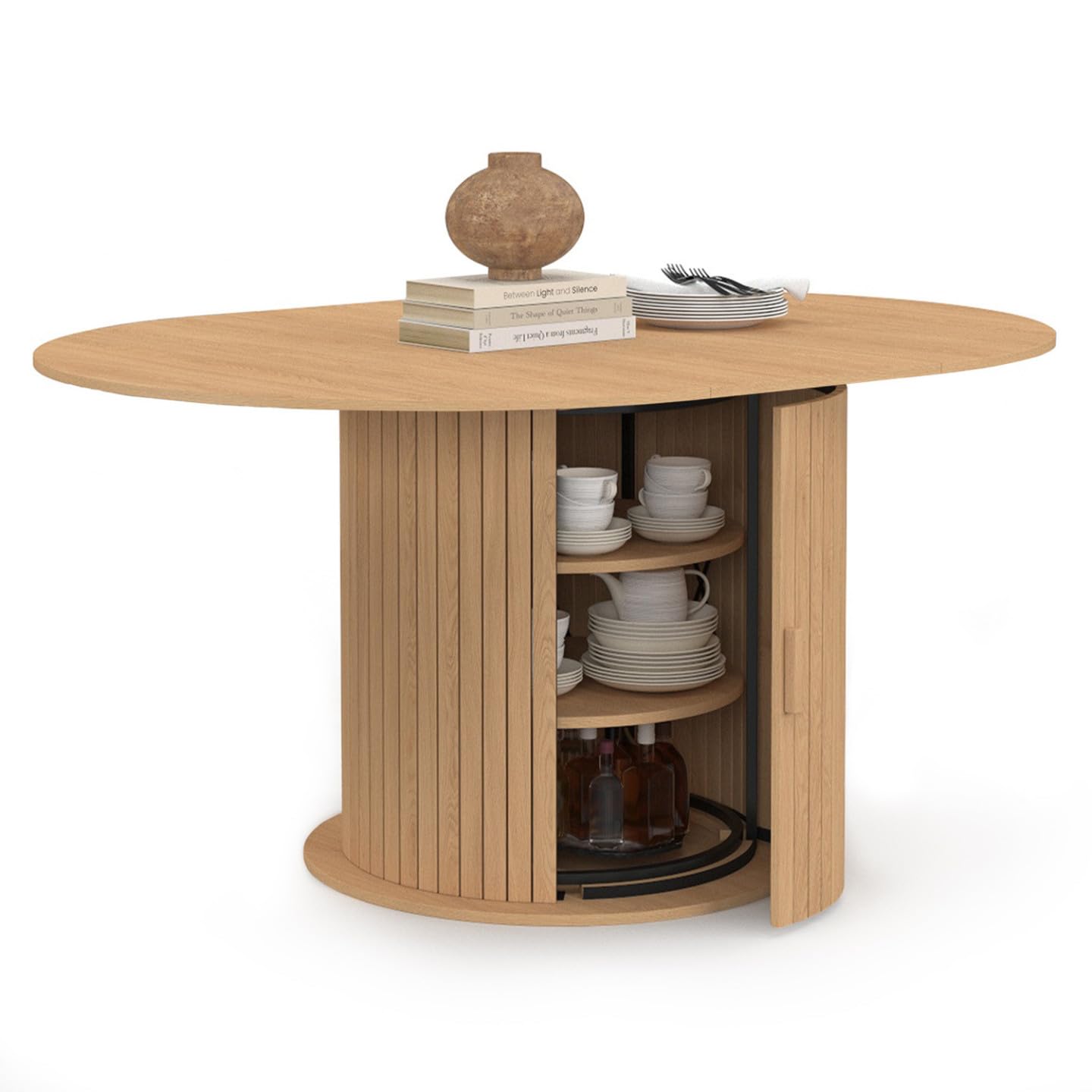 IDMarket - JULIETTE Tavolo da pranzo rotondo allungabile per 4-8 persone con gambe a doghe e contenitore 110-150 cm
