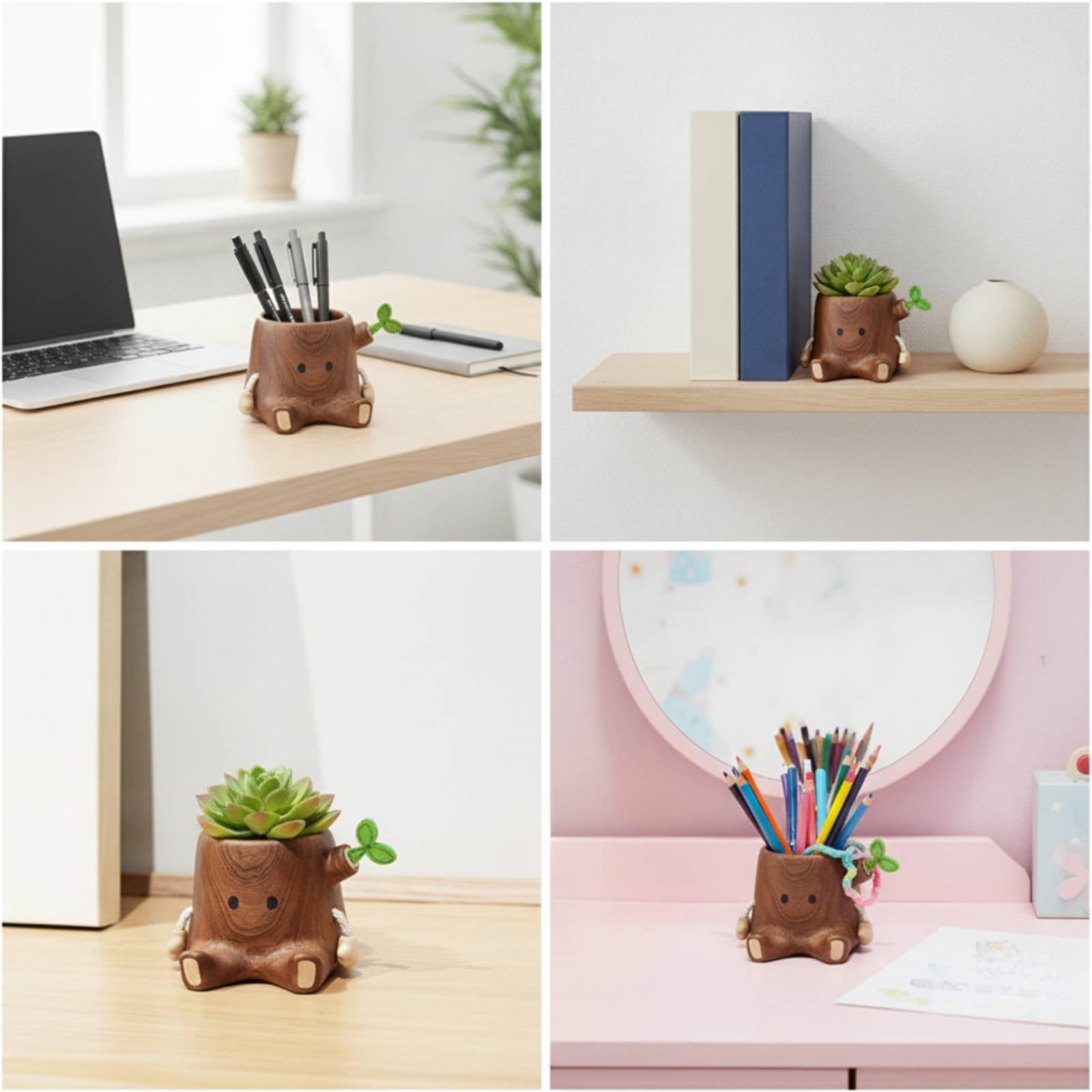 perfk Portapenne in Legno Portapenne da Scrivania Organizer Penne Portamatite Bicchiere Portapennelli in Legno Massello Monoblocco con Forma Ceppo E Bordi Arrotondati Adatto per Ufficio
