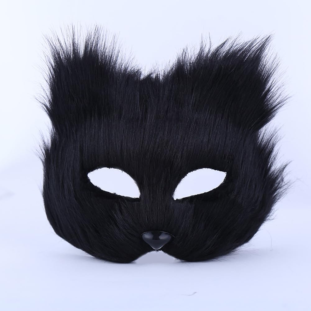 JNGUOSICN Faux Fur Mask Cat Mask Halloween Furry Plush Half Face Mask Elegant Cosplay Animal Fancy Dress Eye Mask Cat Veil Makeup Prop for Christmas Carnival Party Costume Accessory Unisex - Image 2