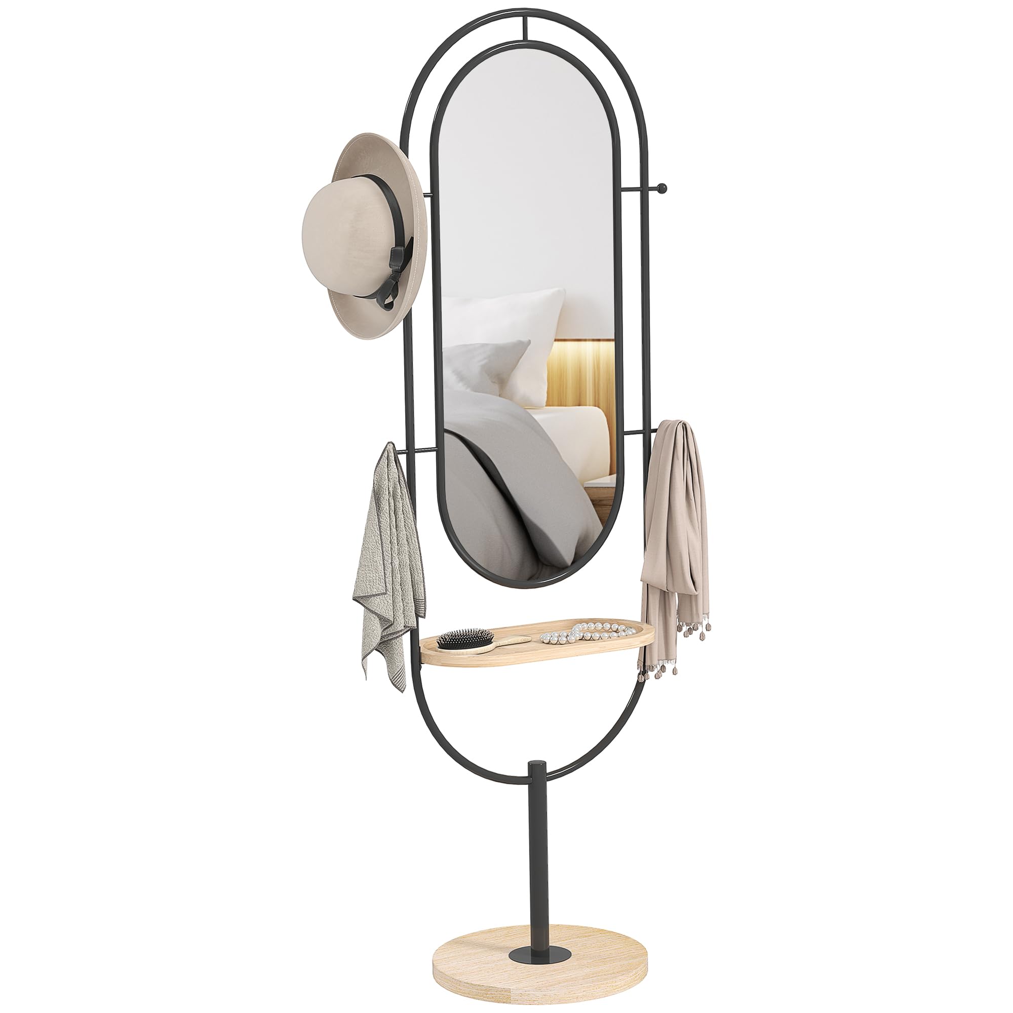 HOMCOM Miroir sur Pied Ovale avec Plateau en Bois 50 x 40 x 175,5 cm Noir