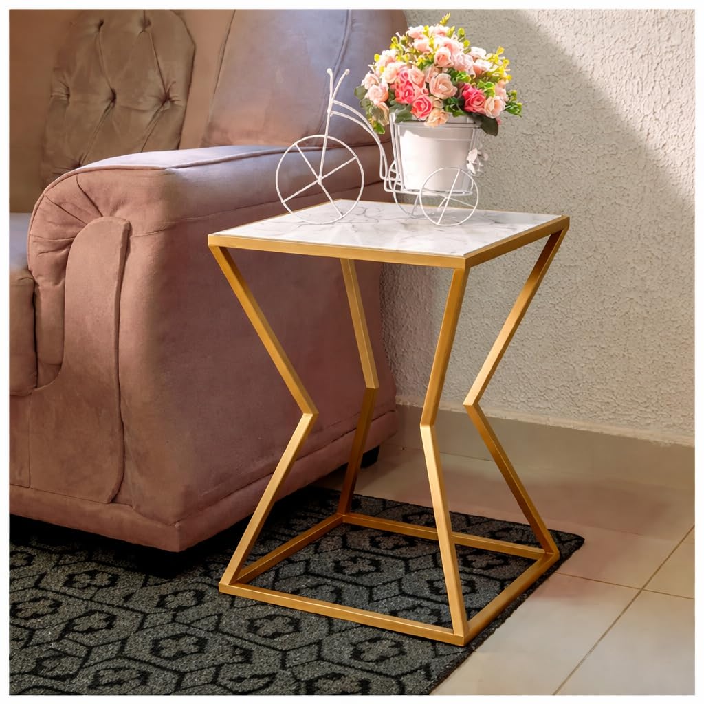 LIVINGLOOM Decorative Side Table Bedside Tables, Small Side Table, Slate Corner Table, Living Room Sofa, Creative Balcony Tea Table, Simple Art Coffee Table (Golden White)-picture-13